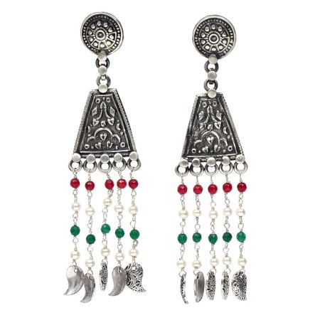Handmade Oxidized Silver Tassel EarringsÂ With Red And Green Beads