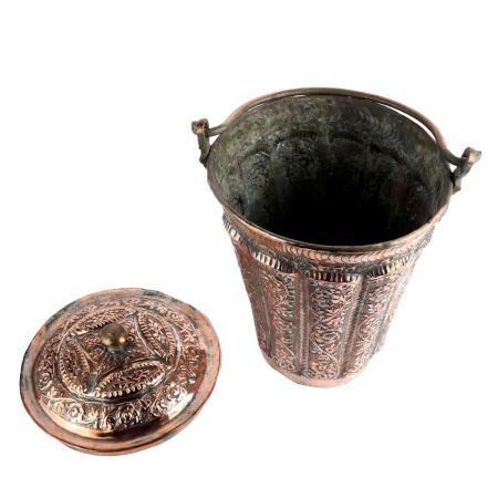 Handmade Brown Copper Floral Design Engraved Bucket And Lid