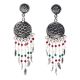 Handmade Oxidized Silver Long Drop Dangle Earrings Embellished With Red And Green Beads