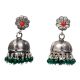 Handmade Oxidized Silver Jhumki Earrings With Green Beads for Women