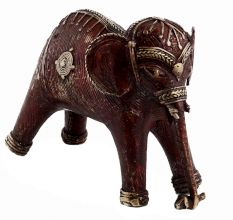 Brass Tribal Standing Elephant With Intricate Detailing In Gold