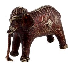 Brass Tribal Standing Elephant With Intricate Detailing In Gold