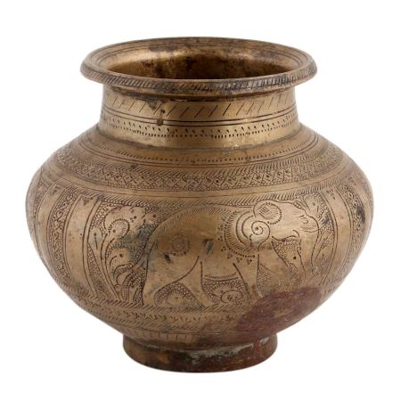 Handmade Brown Brass Engraved Hindu God Figure Water Pot