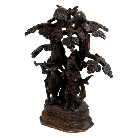 Brass Lord Radhe Krishna Under A Tree With A Peacock For Gifting