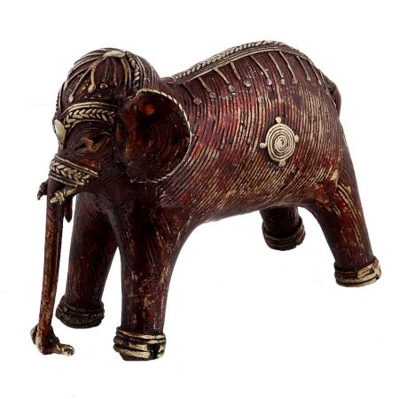 Brass Tribal Standing Elephant With Intricate Detailing In Gold