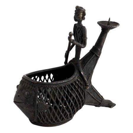 Tribal Fish Candle Stand With Man Jali Work