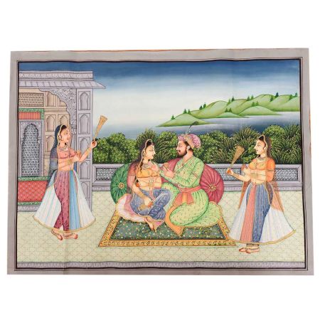 Canvas Mughal Painting Of Emperor Shah-Jahan And Mumtaz Love Scene