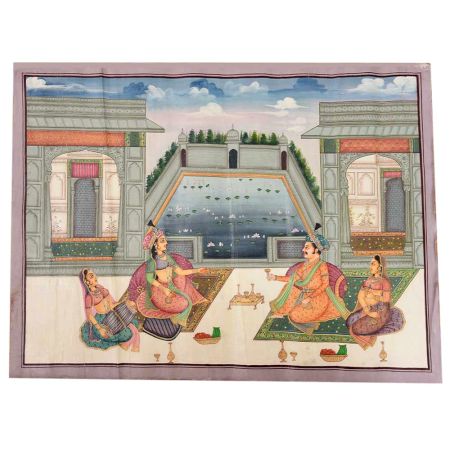 Mughal Canvas Painting Of Emperor Shahjahan And Mumtaz Mahal Drinking Wine