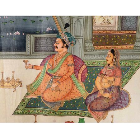 Mughal Canvas Painting Of Emperor Shahjahan And Mumtaz Mahal Drinking Wine