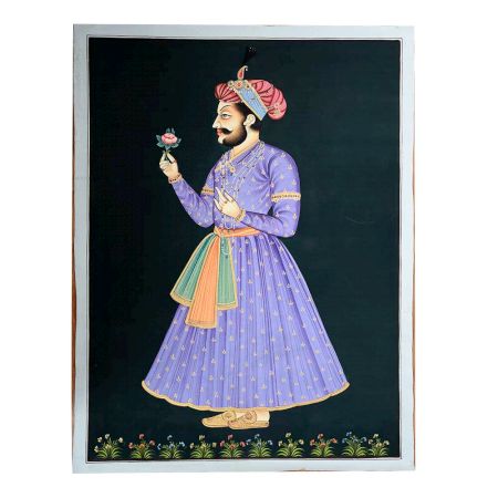 Canvas Handmade Mughal Painting Of Emperor Jahangir On Black Background