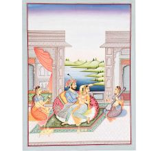 Handmade Canvas Painting of Mughal Emperor In Open Terrace Harem Court