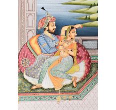 Handmade Canvas Painting of Mughal Emperor In Open Terrace Harem Court