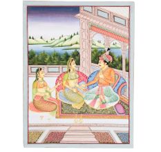 Handmade Canvas Painting of Mughal Emperor With Queens And Wine