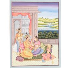 Handmade Canvas Mughal Painting Of Emperor And Queen Romantic Harem Scene