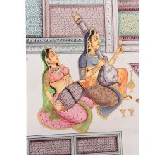 Handmade Canvas Mughal Painting Of Royal Couple Romantic Scene