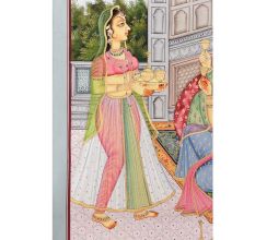 Handmade Canvas Mughal Painting Of the Emperor With His Queen Enjoying Love