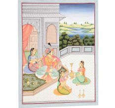 Handmade Canvas Painting Of Mughal Couple On Terrace