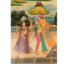 Handpaintd Art Handpainted Art Canvas Mughal Painting Of King And Queen Enjoying WineCanvas Mughal Painting Of King And Queen Enjoying Wine