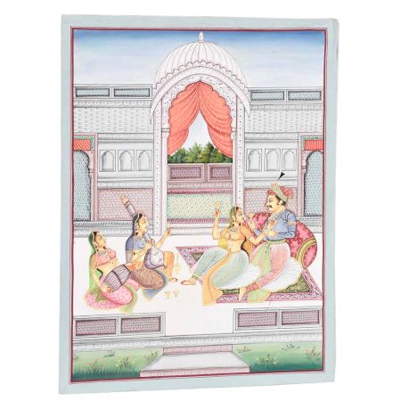 Handmade Canvas Mughal Painting Of Royal Couple Romantic Scene