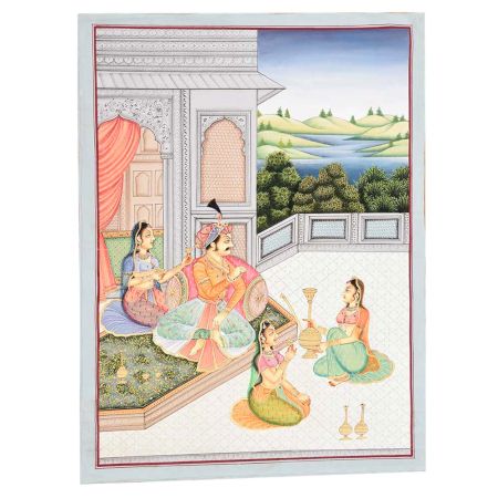 Handmade Canvas Painting Of Mughal Couple On Terrace