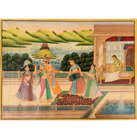 Handpainted Art Hand painted Art Canvas Mughal Painting Of King And Queen Enjoying Wine Canvas Mughal Painting Of King And Queen Enjoying Wine