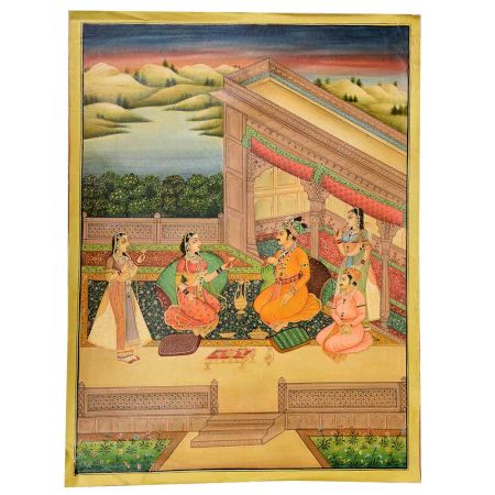 Handmade Mughal Canvas Painting Romantic Harem Watercolour Art