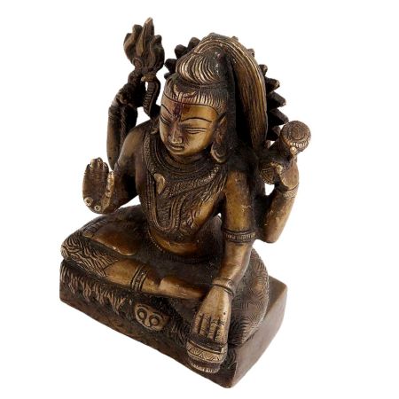 Handmade  Brown Brass Shiv Murti Statue Sitting on Tiger with Trishul and Damru