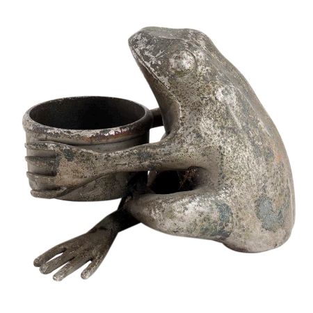 Handmade Black Brass Frog Holding Small Planter