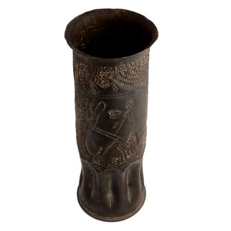 Handmade Black Brass Classic Slab Vase Carved With Horse Face