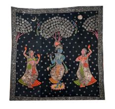 Pichwai Painting Of Lord Krishna with Gopies Floral Motifs On Black Cloth