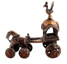 Handmade Brown Brass Horse And Cart With Rider On Wheels Chariot