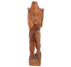 Handmade Brown Wooden Statue Of Old Man With Bag  At Back