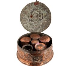 Handmade Round Brown Copper Storage Box With Embossed Design