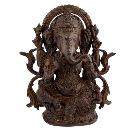 Handmade Brown Brass Sitting Ganesha Statue With Intricate Design
