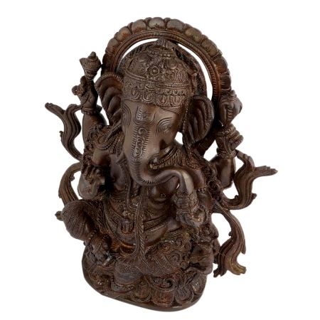 Handmade Brown Brass Sitting Ganesha Statue With Intricate Design