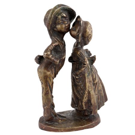 Handmade Patinated Gold  Brass Girl Kissing Boy Statue