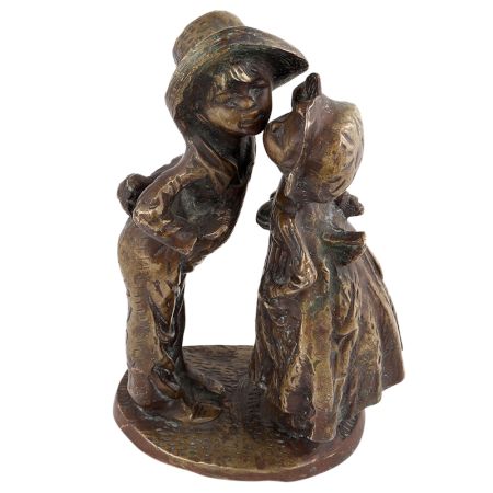 Handmade Patinated Gold  Brass Girl Kissing Boy Statue