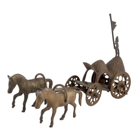 Handmade Brown Brass Chariot Or Cart With Two Horses