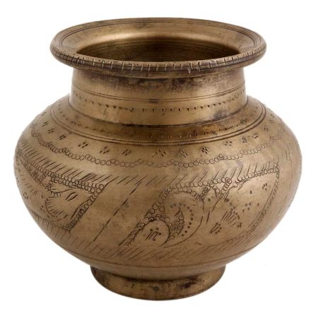 Handmade Patinated Brass Water Pot With Carved Images