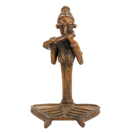 Handmade Yellow Brass Dhokra Art Statue Of Musician Playing Mahuri