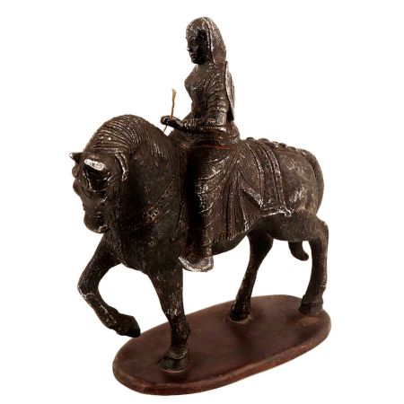Handmade Black Metal Indian Lady Warrior On Horse Statue