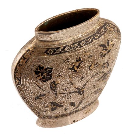 Handmade Gold Black Enameled Brass Flattened Flower Vase