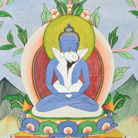 Handmade Multicolored Buddha (Samantabhadra) With Consort Thangka Painting On Canvas