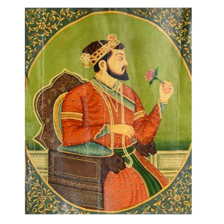 Handmade Multi-coloured Painting of Emperor Shah Jahan On lion  Head Throne