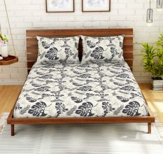 Grey Leaves Spaces 104 TC Cotton Double Bed Sheet with 2 Pillow Covers