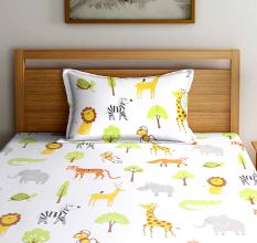 Multi Color Chic Zoo Animals Home Kids 180 TC Cotton Single Bedsheet with One Pillow Cover