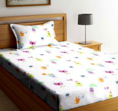 Multicolored Chic Home Kids Cartoon Monsters 180 TC Cotton Single Bedsheet with One Pillow Cover