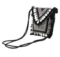 Black And White Heavy Hand Embroidery Foldover Cluch Bag With Coins