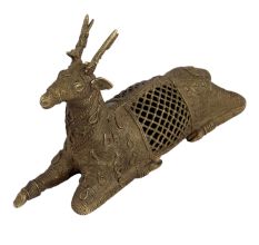 Handcrafted Brown Patina Rich Sitting Dhokra Brass Deer Statue