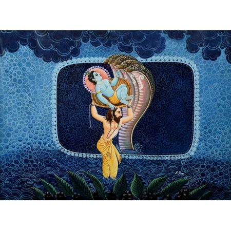 Vasudev Ji crossing the Yamuna with new born Shri Krishna